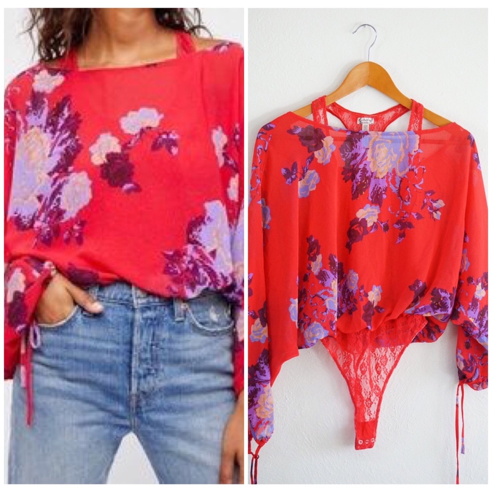NWOT free people size xs red floral lace bodysuit